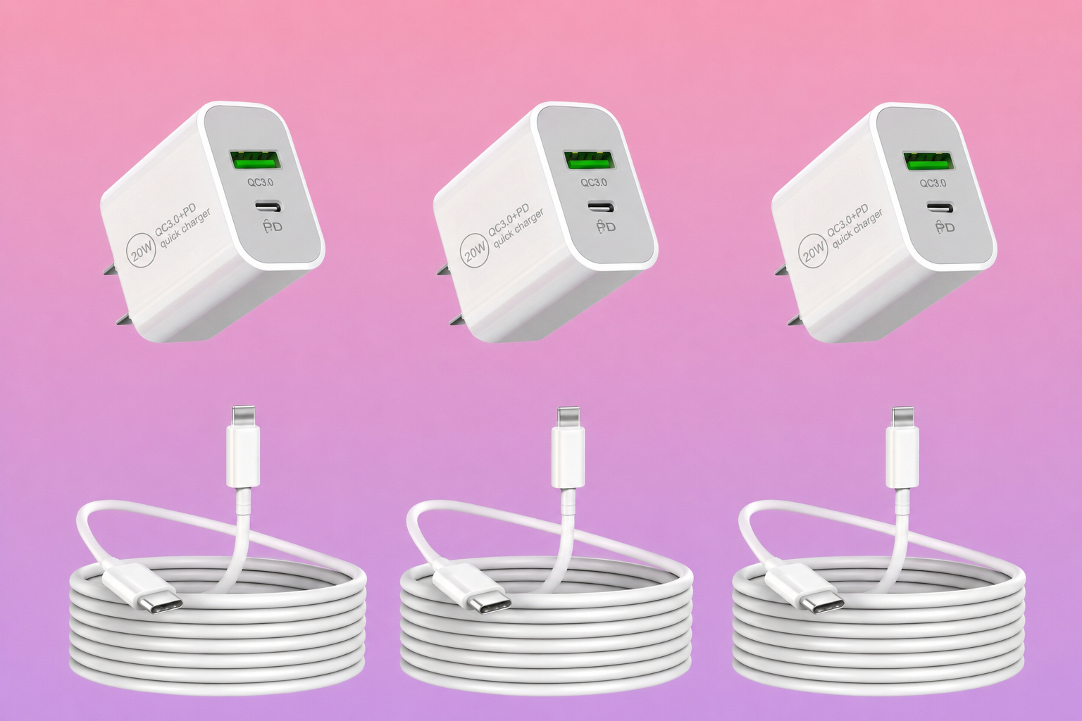 Dual USB Charger Block with USB-C Cables - Fast Charging Wall Adapter Combo Set