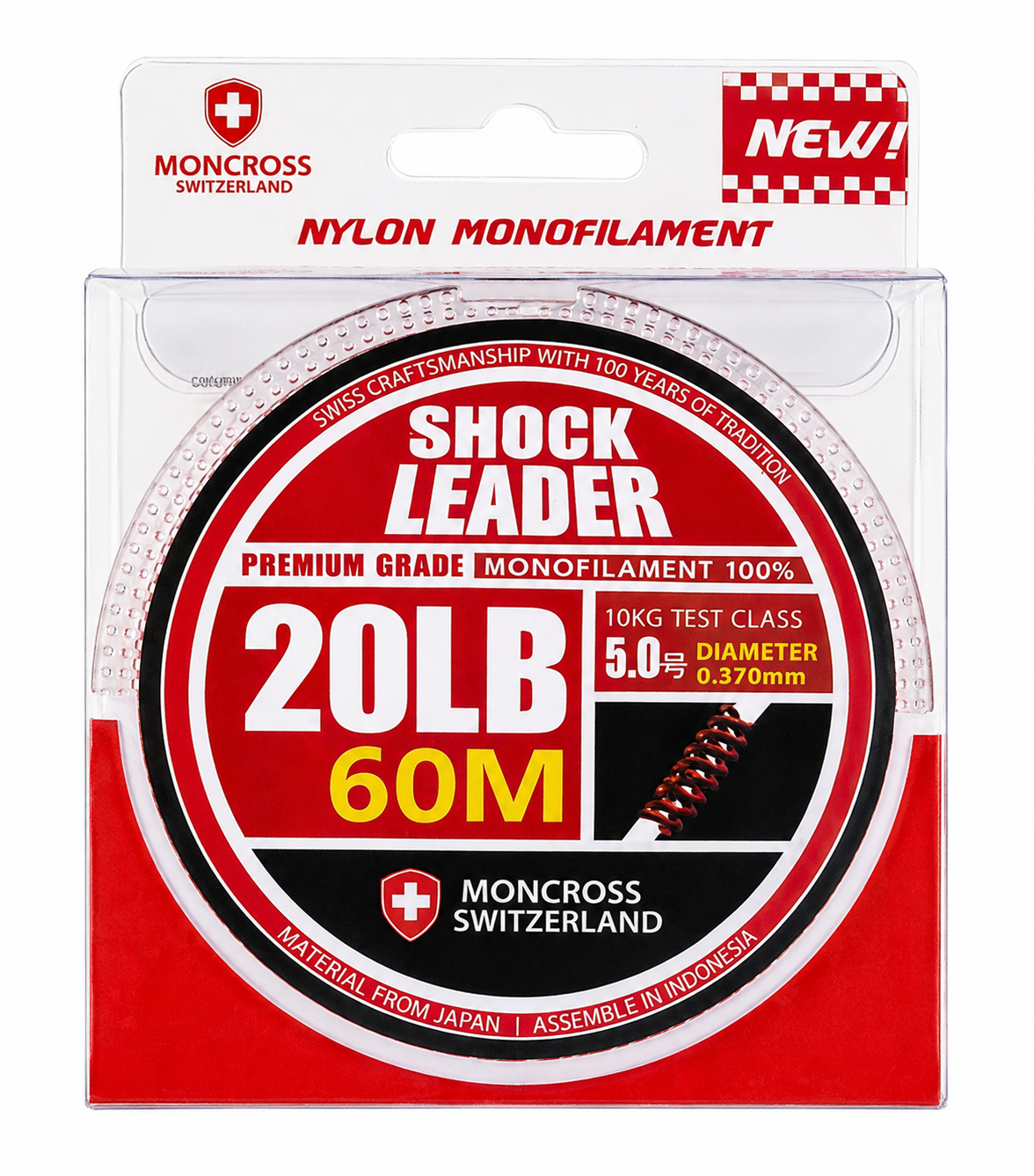 MONCROSS Premium Switzerland Shock Leader Monofilament Fishing Line - 20LB, 60M, 0.435mm Diameter, Abrasion Resistant, Exceptional Handling, Low Memory, Smooth Texture Saltwater Fishing Line for Superior Performance