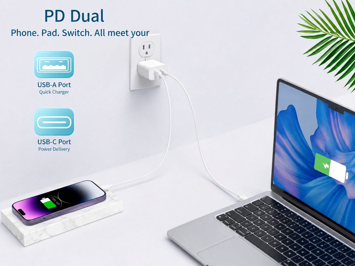 Dual USB Charger Block with USB-C Cables - Fast Charging Wall Adapter Combo Set