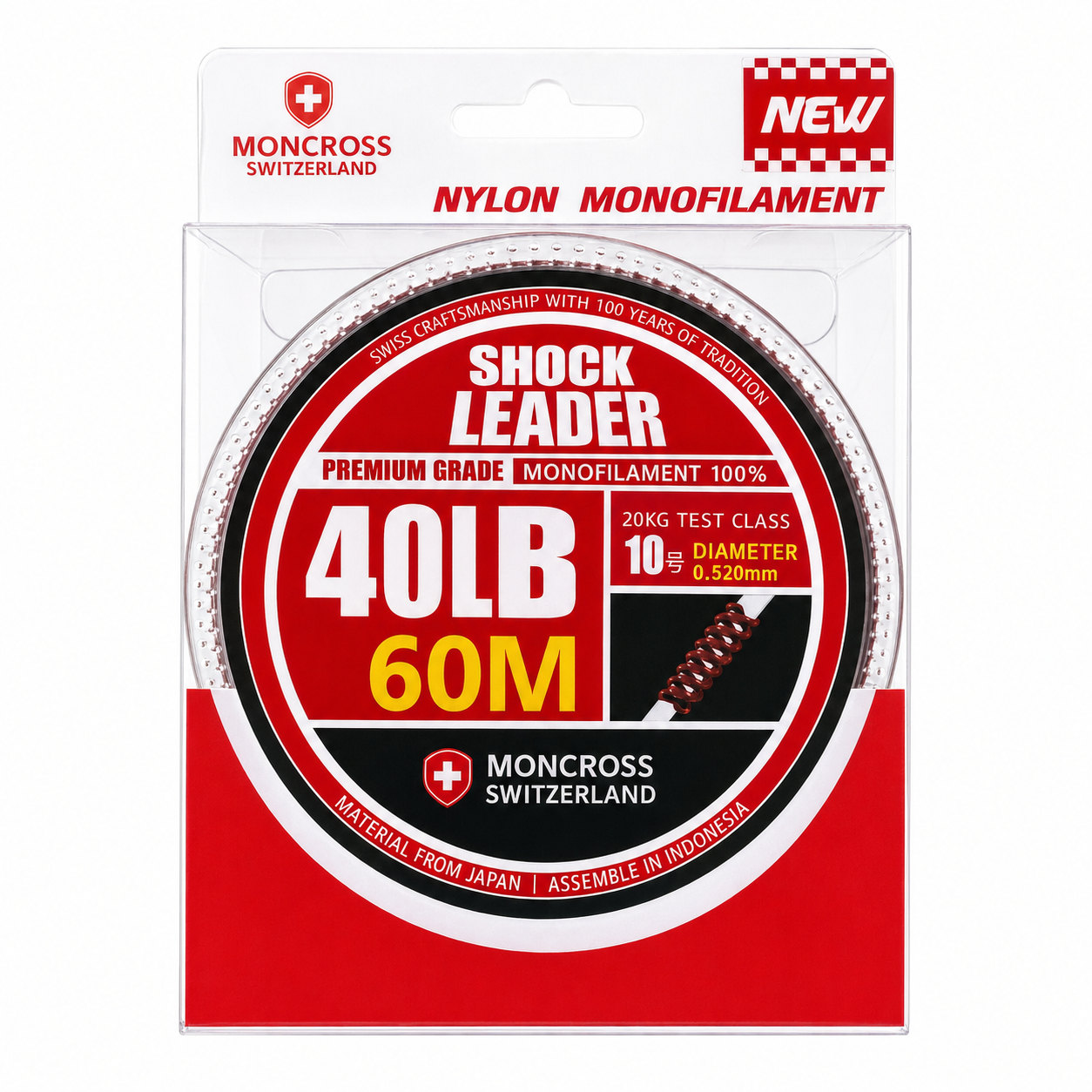 MONCROSS Premium Switzerland Shock Leader Monofilament Fishing Line - 40LB, 60M, 0.435mm Diameter, Abrasion Resistant, Exceptional Handling, Low Memory, Smooth Texture Saltwater Fishing Line for Superior Performance