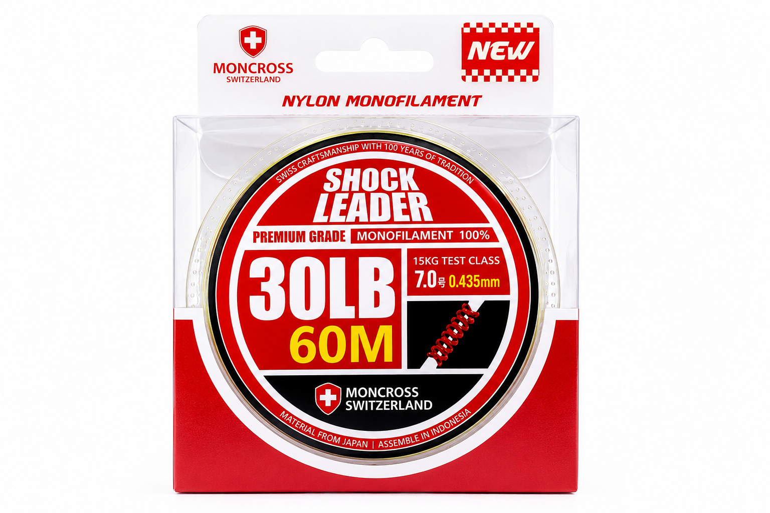 MONCROSS Premium Switzerland Shock Leader Monofilament Fishing Line - 30LB, 60M, 0.435mm Diameter, Abrasion Resistant, Exceptional Handling, Low Memory, Smooth Texture Saltwater Fishing Line for Superior Performance