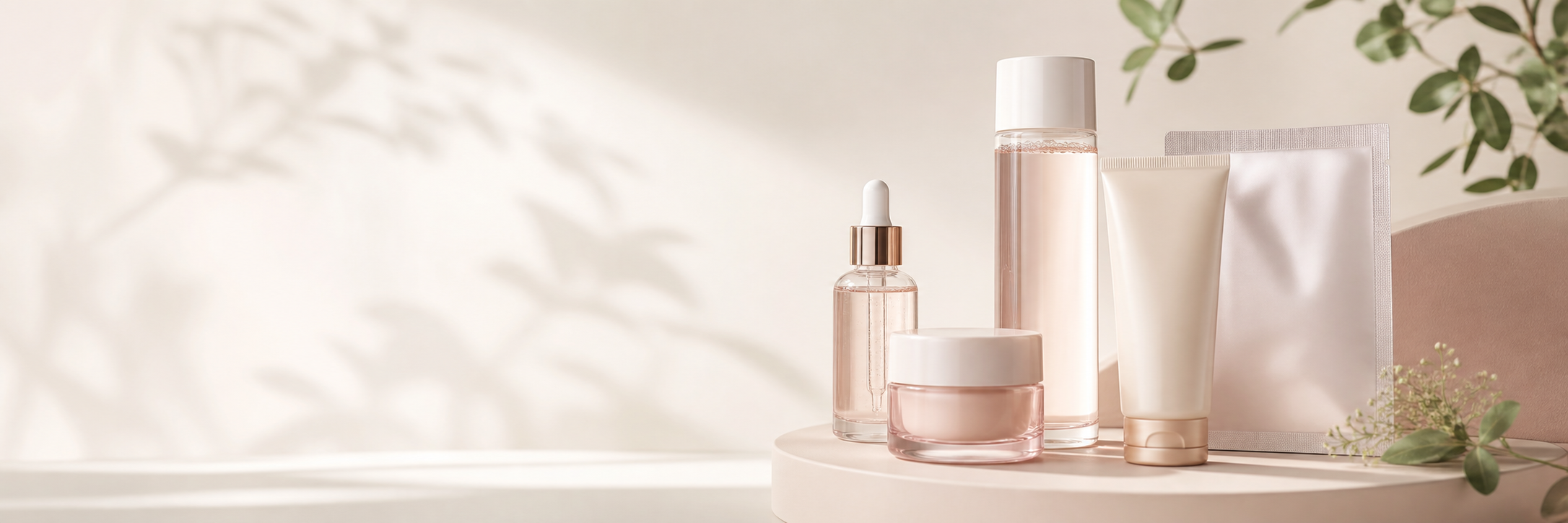 Premium K-beauty skincare collection on a warm ivory background